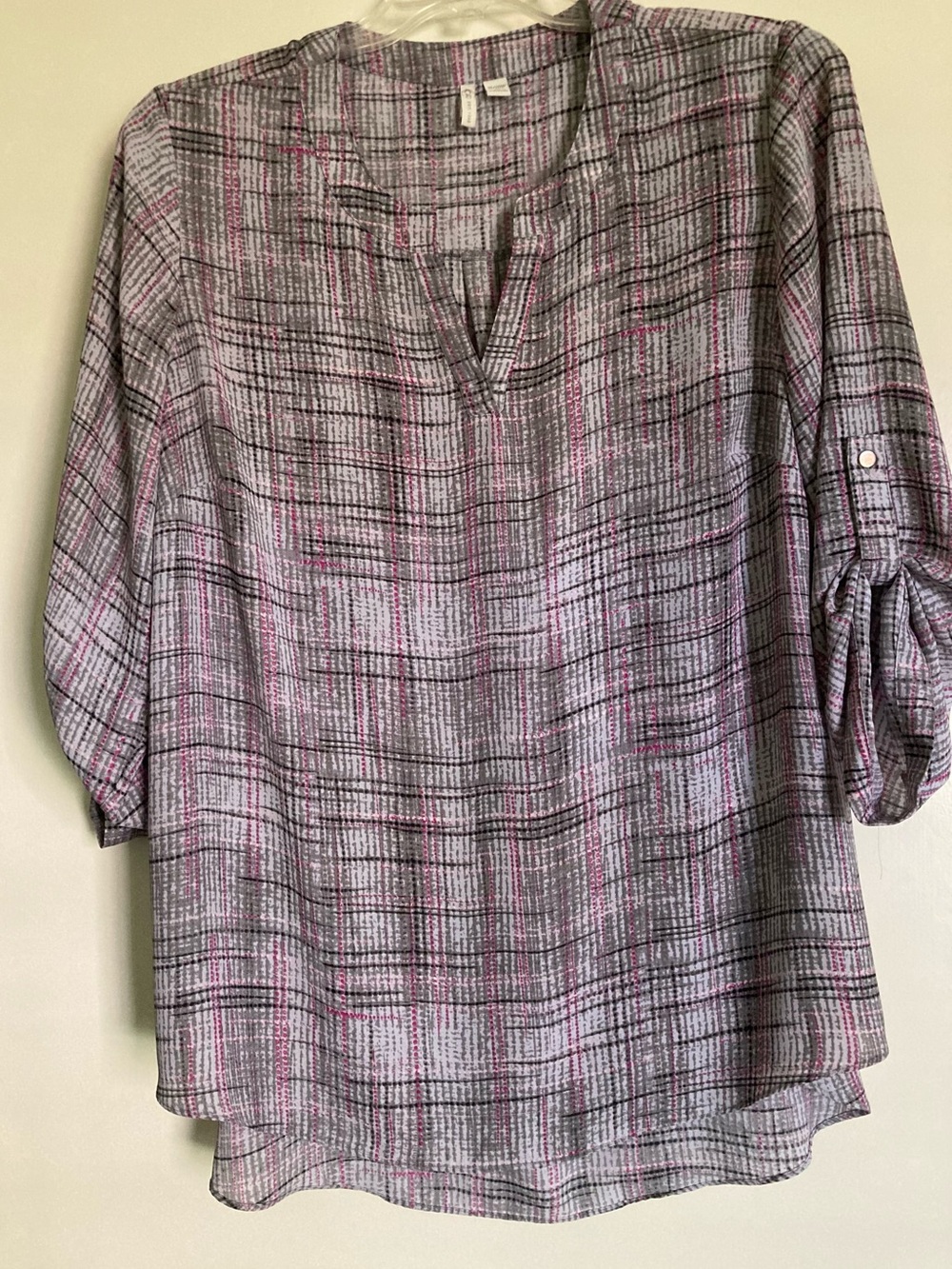 Cato Gray Plaid Split-Neck Blouse with Pink Accents
